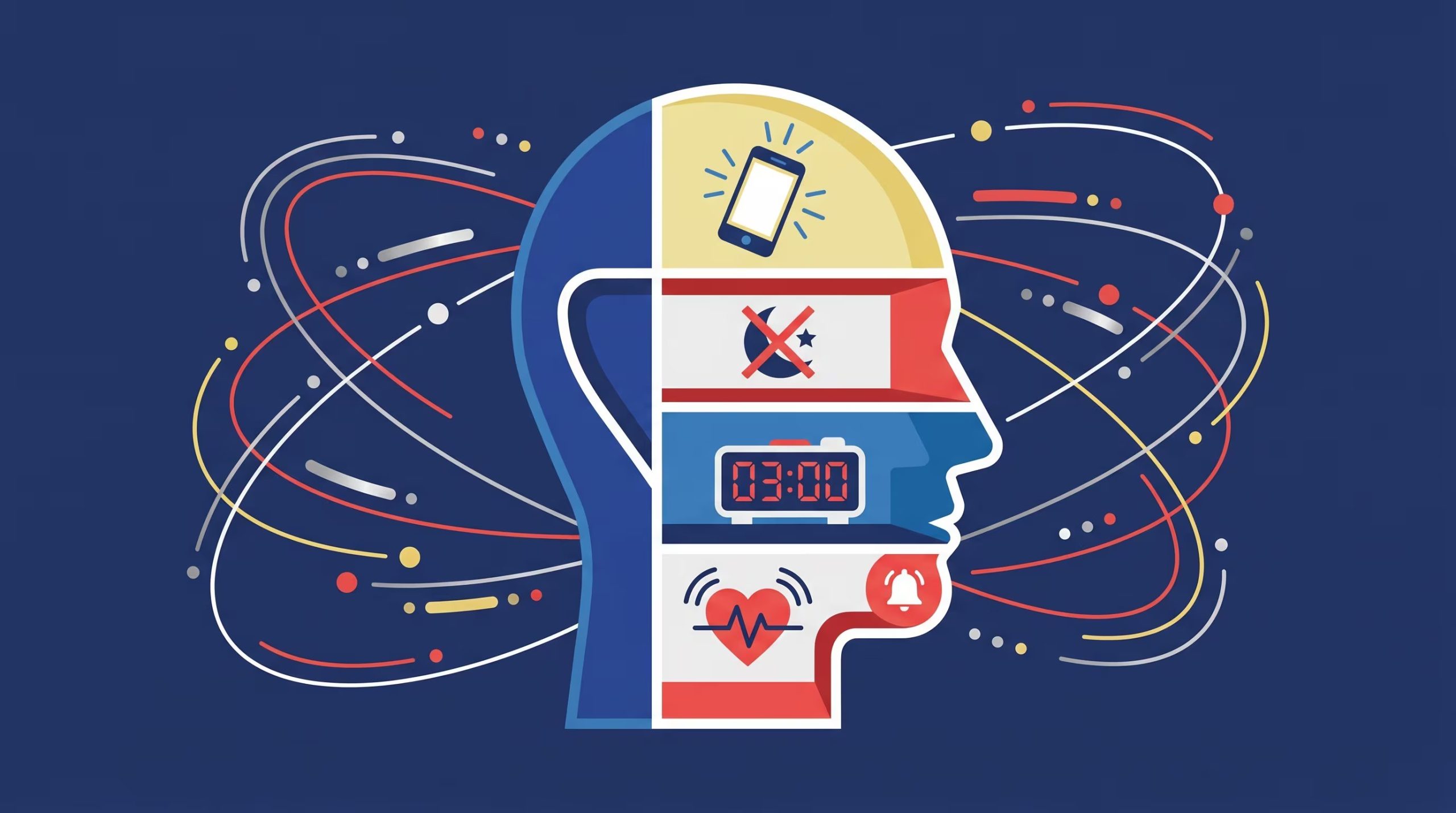 Esta ilustración conceptual representa una cabeza de perfil dividida en compartimentos, con iconos que simbolizan la distracción digital, el insomnio, las alarmas constantes y la ansiedad, rodeada por el flujo caótico de información. (Imagen Ilustrativa Infobae)