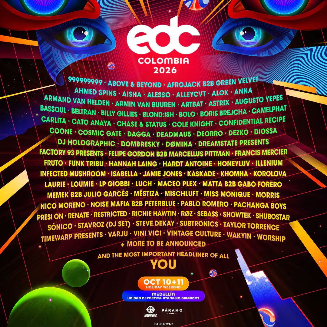 Alesso, Deadmau5, Illenium, Kaskade, Armin van Buuren, Boris Brejcha y ALOK encabezan la programación de EDC Colombia - crédito cortesía Páramo Presenta