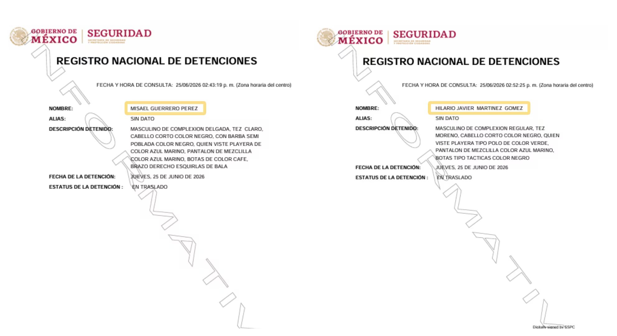 El registro oficial confirmó la captura de ambos sujetos. Crédito: RND