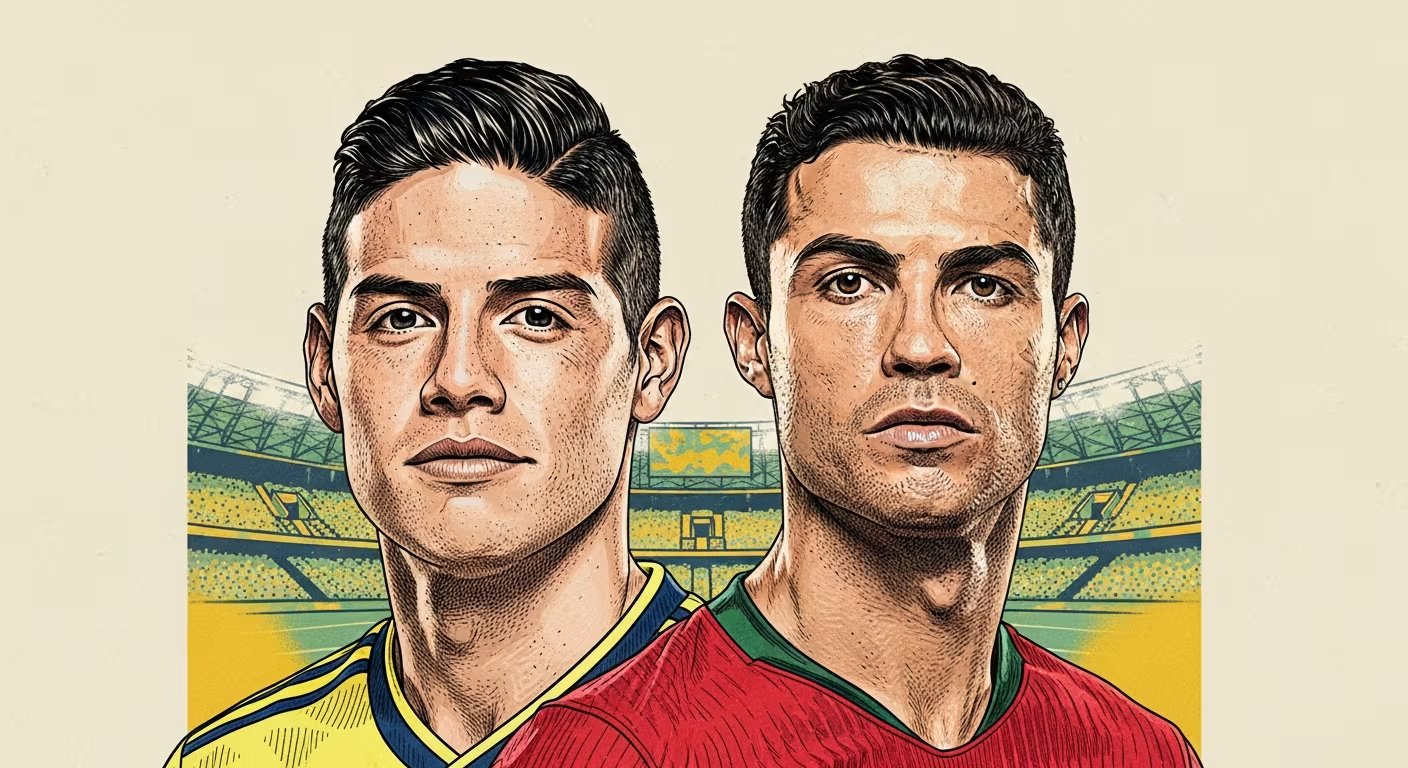 Un retrato muestra a James Rodríguez y Cristiano Ronaldo en primer plano, con un fondo minimalista que sugiere las gradas de un estadio de fútbol - crédito Imagen Ilustrativa Infobae