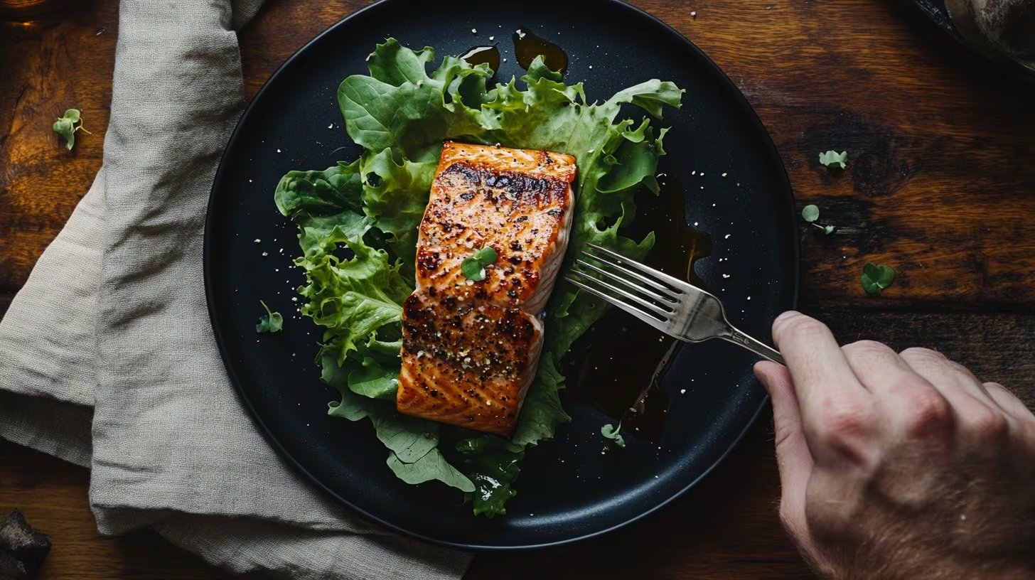Una persona musculosa disfruta de un plato de salmón con lechuga fresca, siguiendo una dieta alta en proteínas y saludable (Imagen Ilustrativa Infobae)