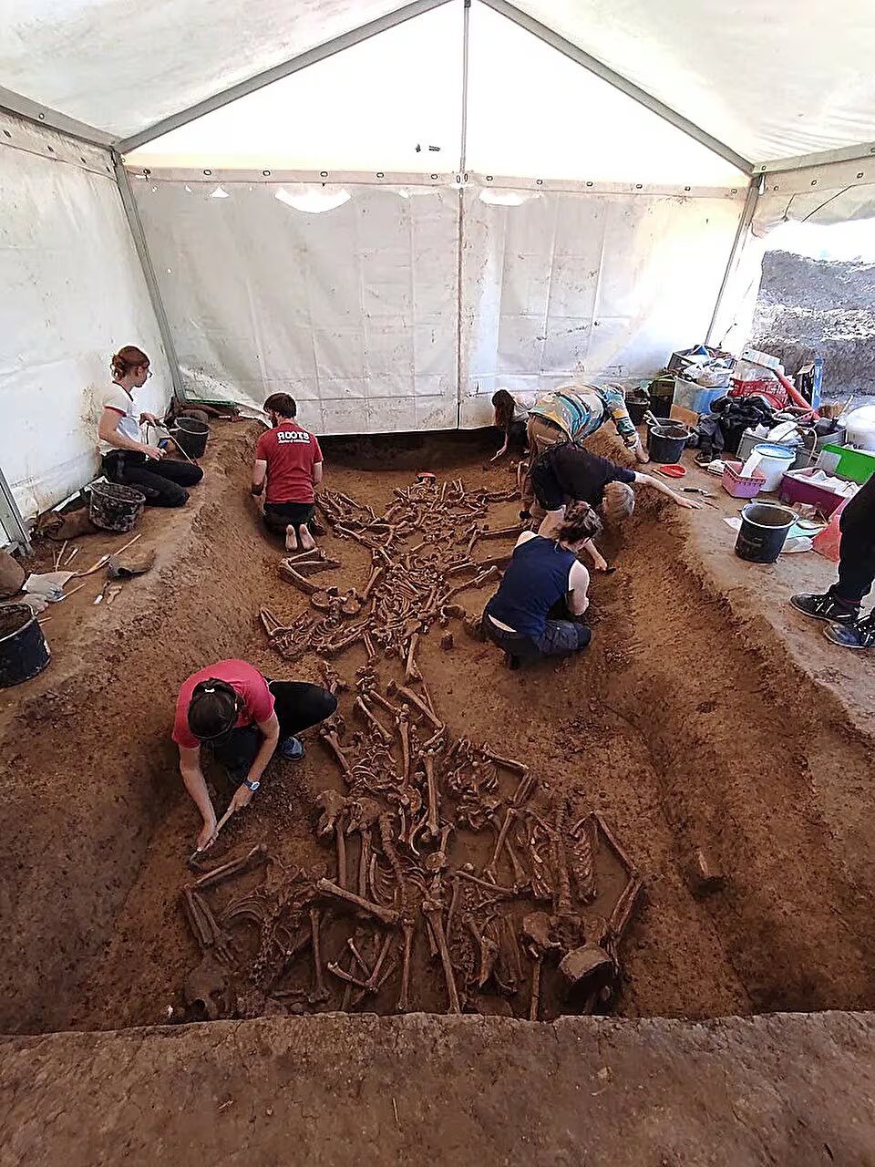 La acumulación de cuerpos apareció en una zanja en la entrada del asentamiento neolítico de Vráble, que data de entre 5.250 y 4.950 a.C. ( Katharina Fuchs)
