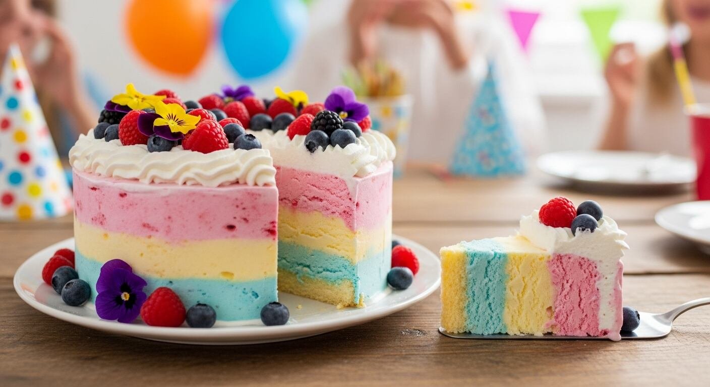 Un vibrante pastel helado casero de múltiples capas decorado con bayas frescas y flores comestibles se presenta en una mesa de celebración, con un trozo servido aparte. (Imagen Ilustrativa Infobae)