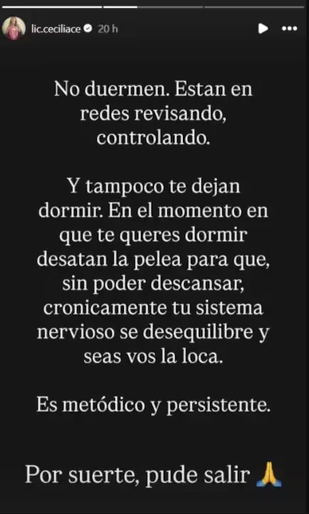 La cuenta de Instagram de Cecilia Ce comparte un mensaje en el que describe una situación de control que afecta el descanso y el equilibrio nervioso, indicando que logró salir.