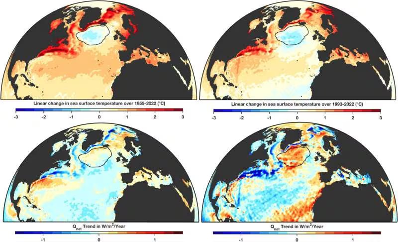La temperatura superficial del mar en la mancha fría del Atlántico muestra desde 1955 una falta de calentamiento significativo (Geophysical Research Letters (2026). DOI: 10.1029/2025gl118383)