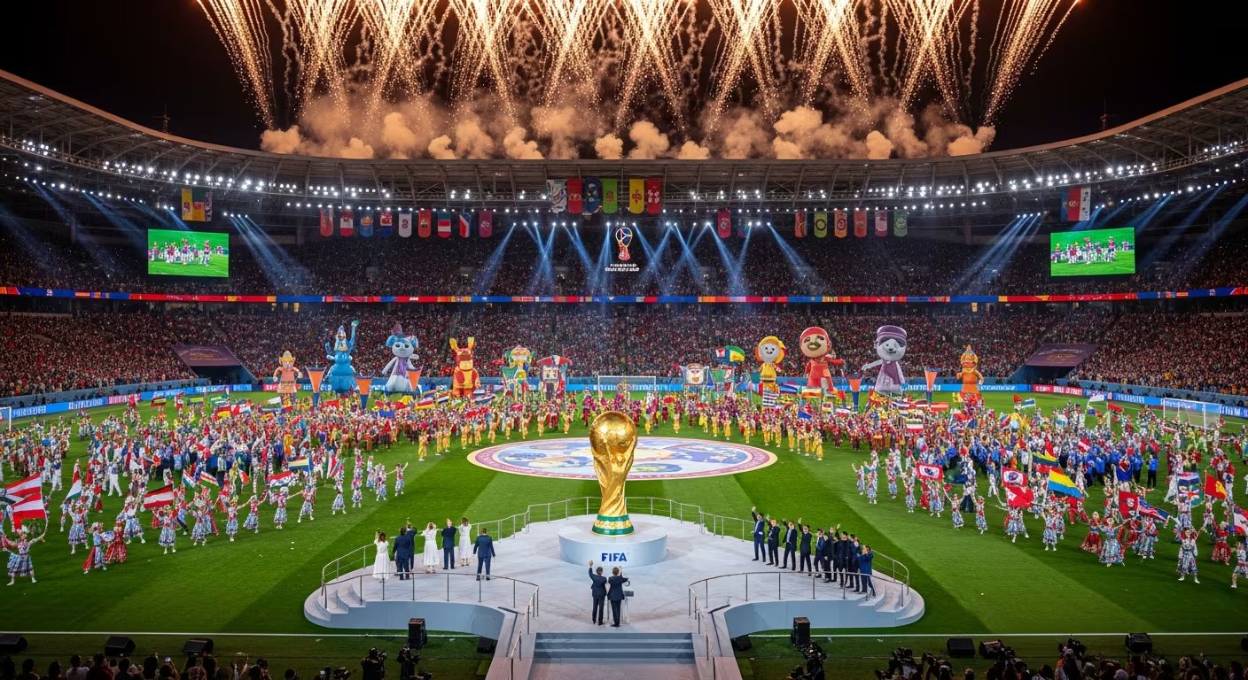 Una espectacular ceremonia de inauguración de un mundial de fútbol ilumina el estadio con fuegos artificiales, la Copa del Mundo y miles de espectadores animando. (Imagen Ilustrativa Infobae)