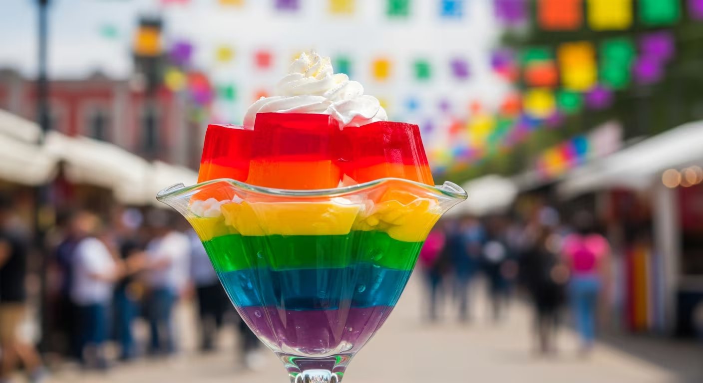 Una gelatina arcoíris con crema batida en un vaso de cristal se exhibe en un mercado al aire libre de la Ciudad de México durante la celebración del Pride. (Imagen Ilustrativa Infobae)