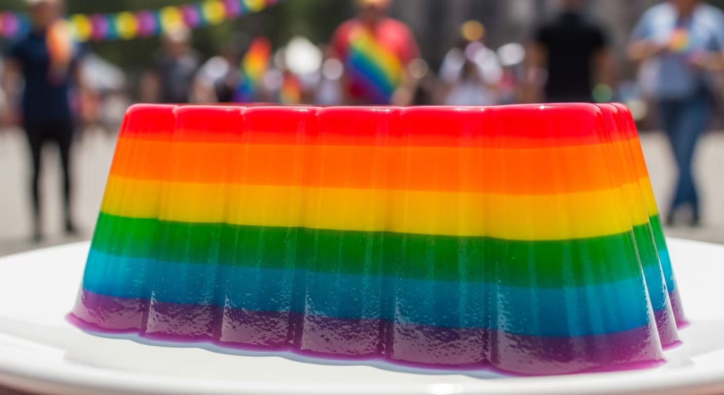 Una gelatina con los colores del arcoíris, emblema del movimiento LGBTQ+, se observa en un plato blanco durante las celebraciones del Orgullo en la Ciudad de México. (Imagen Ilustrativa Infobae)
