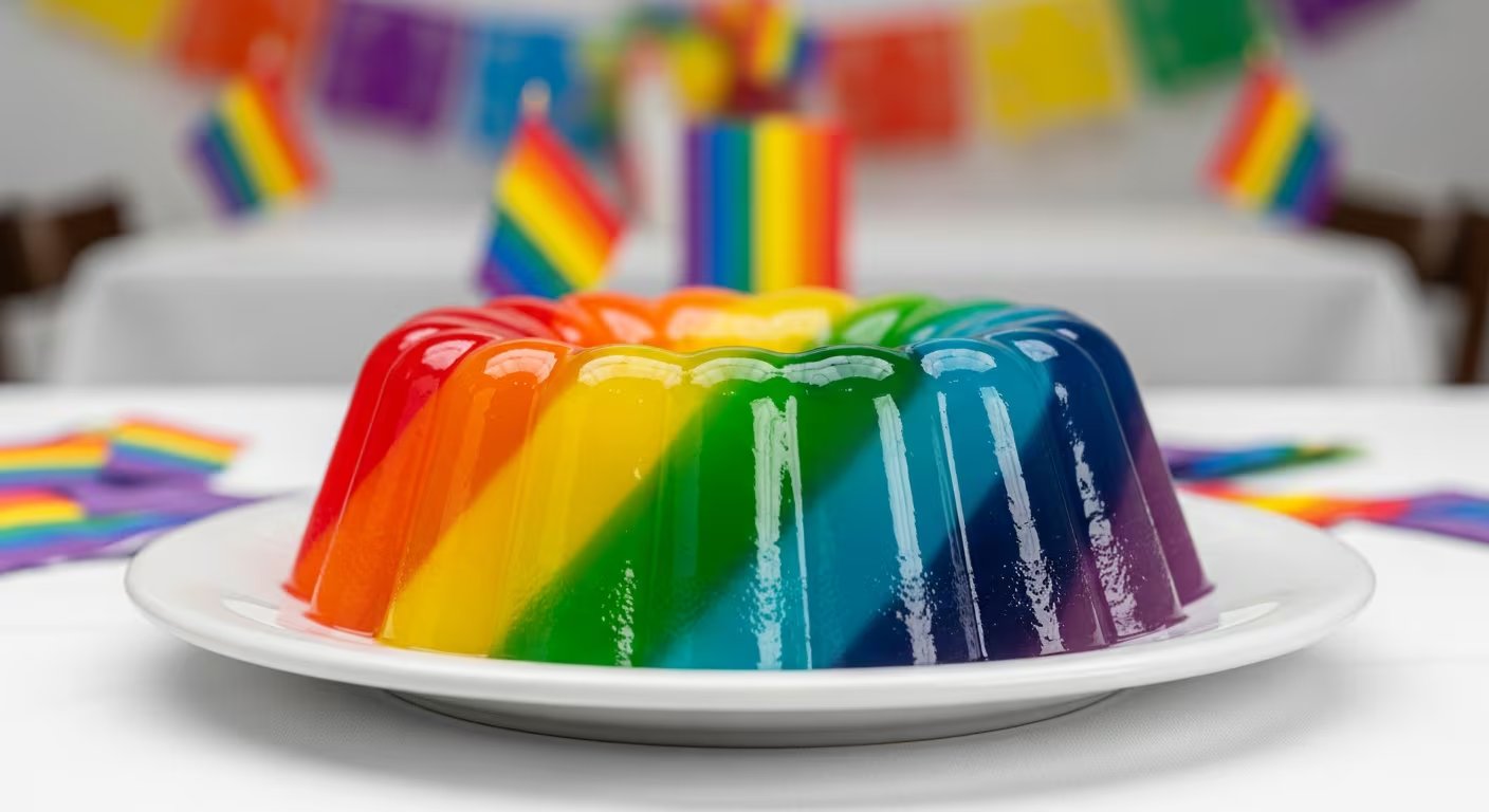 Una gelatina con los colores del arcoíris se presenta sobre un plato blanco en una mesa, con decoración de la bandera del Orgullo LGBTIQ+ en el fondo, durante las celebraciones en CDMX. (Imagen Ilustrativa Infobae)