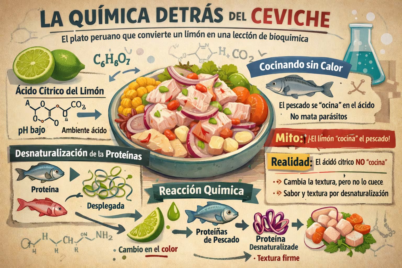 Una infografía ilustra la química del ceviche peruano, señalando cómo el ácido cítrico desnaturaliza las proteínas del pescado para modificar su textura y sabor. (Imagen Ilustrativa Infobae)