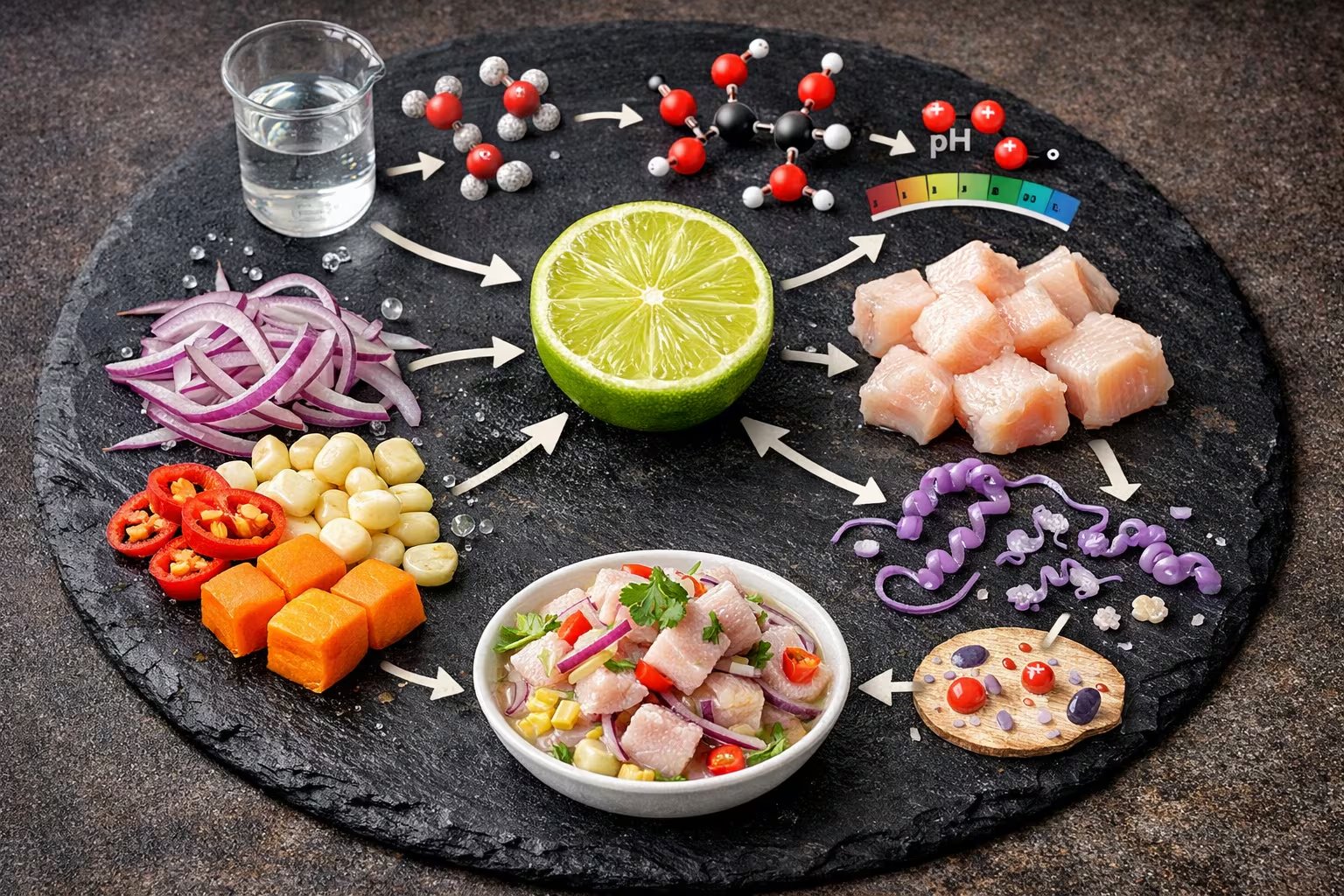 Un diagrama explica las transformaciones químicas y el rol del limón en la preparación del ceviche, desde sus ingredientes crudos hasta el plato final. (Imagen Ilustrativa Infobae)