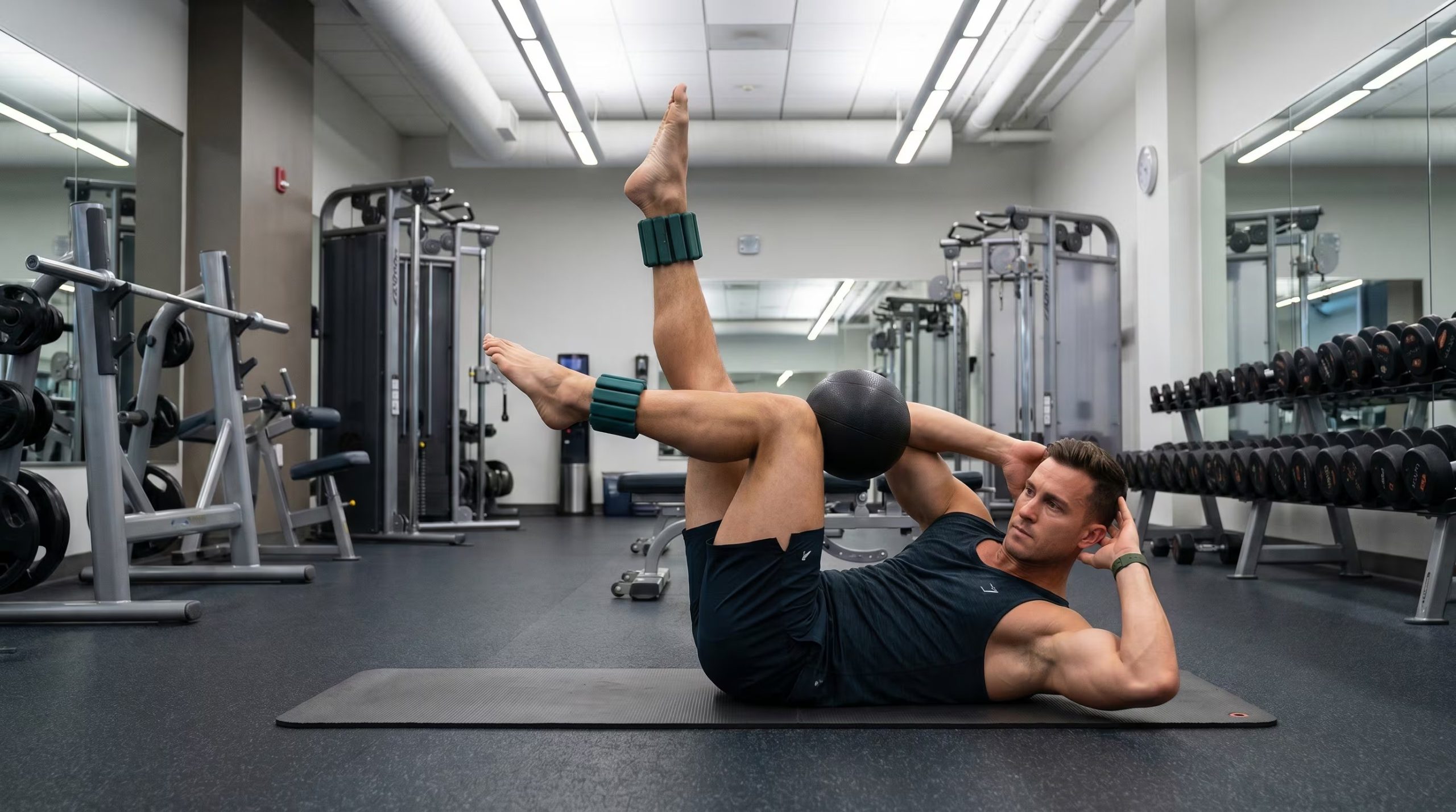 La elevación de pierna con abdominales oblicuos activa el core y los oblicuos al sostener la pelota de Pilates contra la rodilla con el codo contrario (Imagen Ilustrativa Infobae)