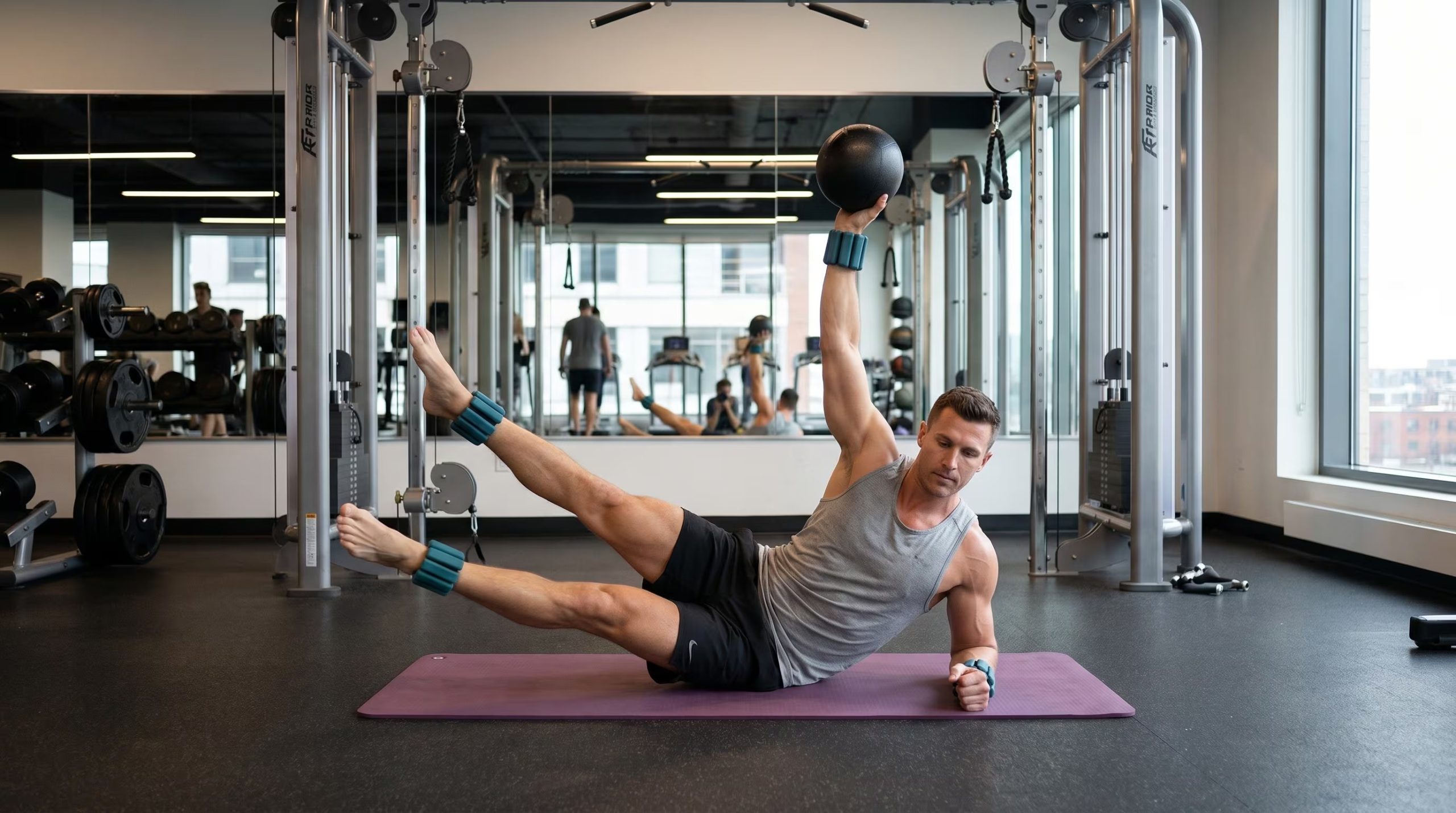 El avance oblicuo con pelota de Pilates eleva torso y piernas hasta formar una V lateral y combina fuerza abdominal con flexibilidad (Imagen Ilustrativa Infobae)