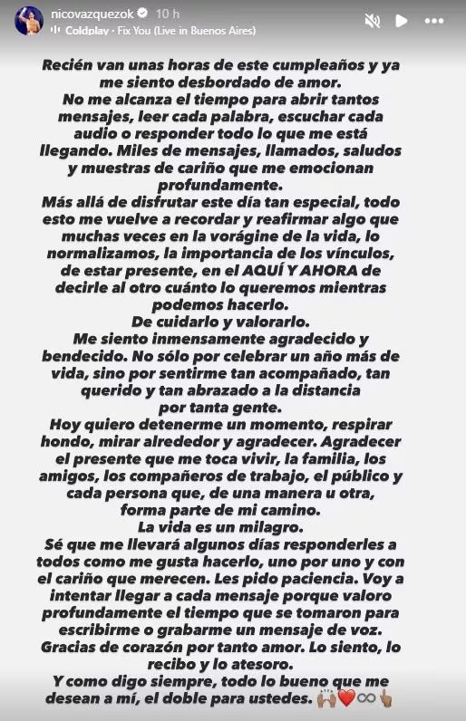 La reflexión de Nico Vázquez en su cumpleaños (Instagram)