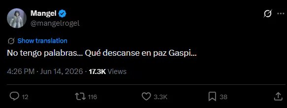 El youtuber español Mangel publica un emotivo mensaje en redes sociales lamentando la pérdida de Gaspi, uniéndose a la oleada de reacciones de la comunidad (X)