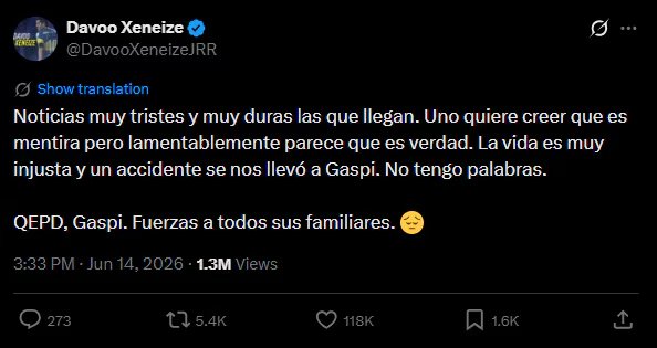 El streamer Davoo Xeneize publicó en X (Twitter) un emotivo mensaje de pésame tras la confirmación de la trágica muerte de Gaspi en un accidente. (X)