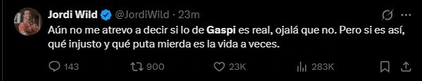 El popular streamer Jordi Wild compartió su reacción en Twitter ante los rumores de la muerte de Gaspi, lamentando la situación con un mensaje emotivo sobre la vida y la injusticia. (X)