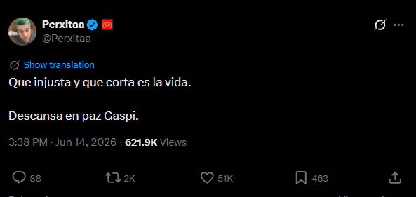 El streamer Perxitaa expresa su pesar en Twitter ante la noticia del fallecimiento de Gaspi, con un mensaje que se viralizó rápidamente en la plataforma. (X)