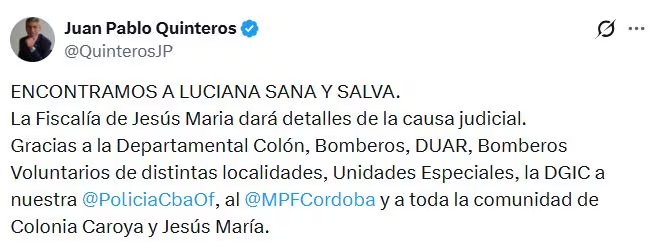La noticia la confirmó el Ministro de Seguridad de Córdoba, Juan Pablo Quinteros, en sus redes