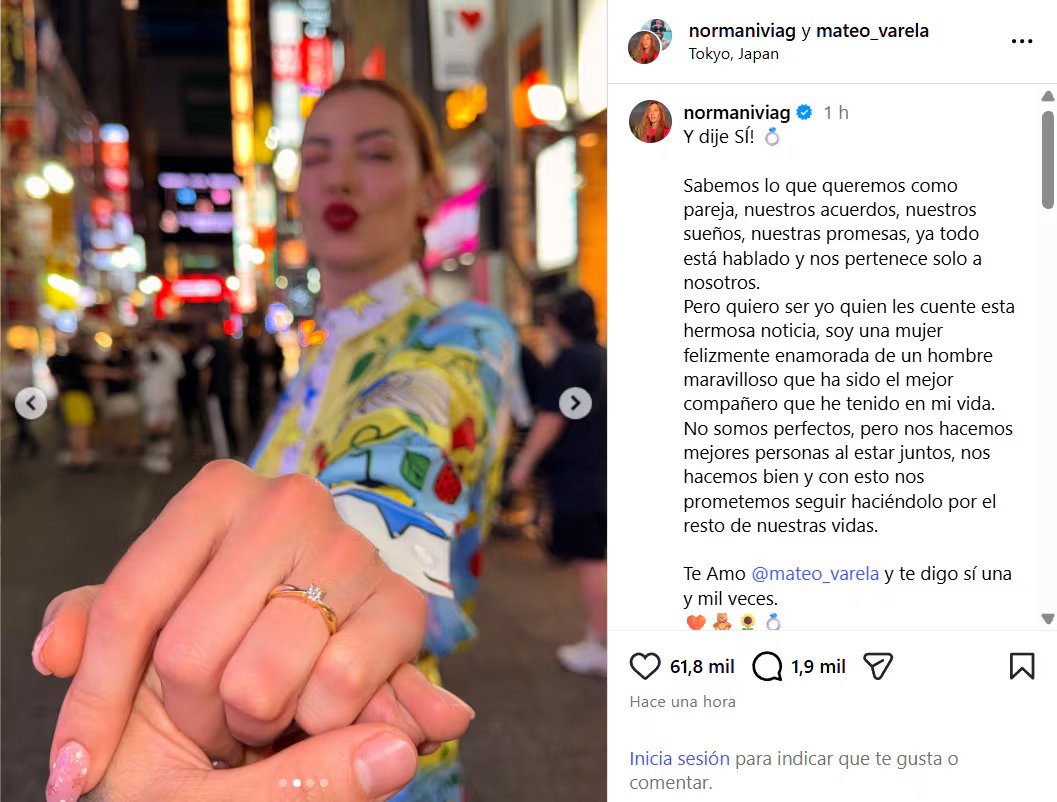 Norma Nivia y Mateo Varela se comprometieron en matrimonio - crédito @normaniviag/IG