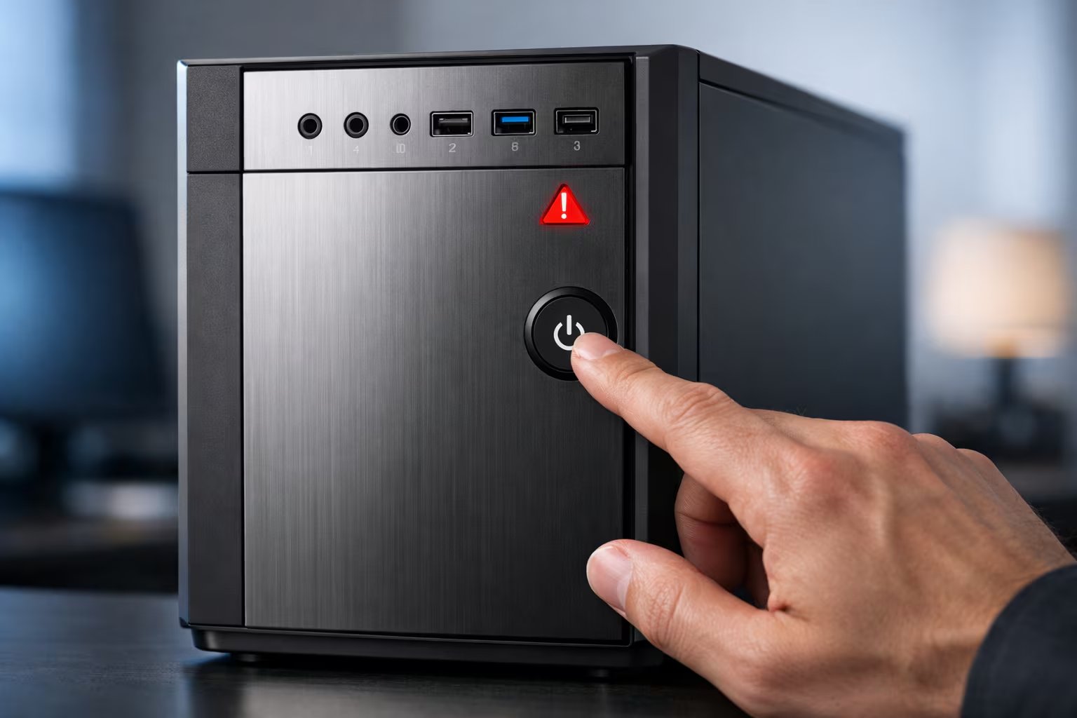 Una mano presiona el botón de encendido de una PC moderna con una luz de advertencia roja, sugiriendo una acción crítica o un problema técnico en un entorno de oficina o doméstico. (Imagen Ilustrativa Infobae)