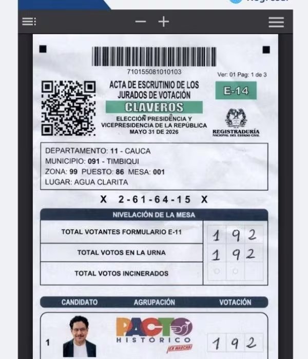 En Timbiquí, Cauca, los investigadores encontraron 11 mesas donde la totalidad de los votos fue depositada a favor de un mismo candidato. - crédito captura de pantalla de registraduría