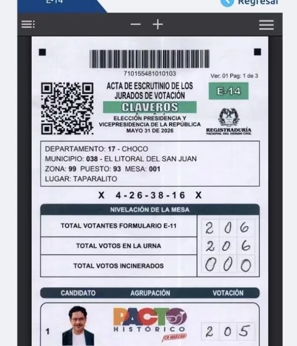 La investigación halló 50 mesas con votación unánime en municipios de Chocó, incluidos Alto Baudó, Bojayá, Litoral de San Juan y Medio Baudó. - crédito captura de pantalla de registraduría