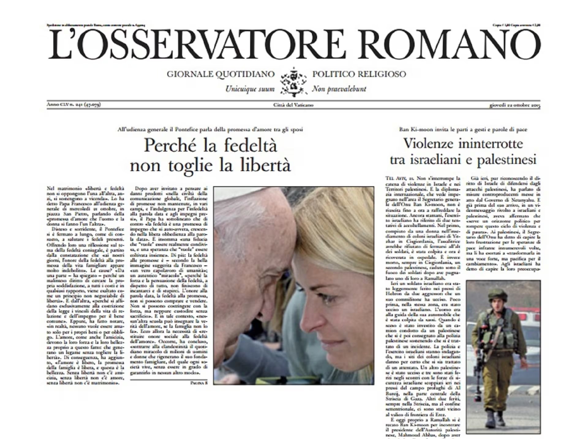 La foto salió en la portada del órgano oficial de prensa del Vaticano