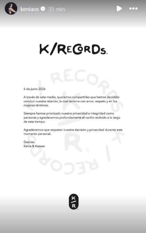 La artista eligió sus redes sociales para confirmar la noticia. (IG Kenia OS)