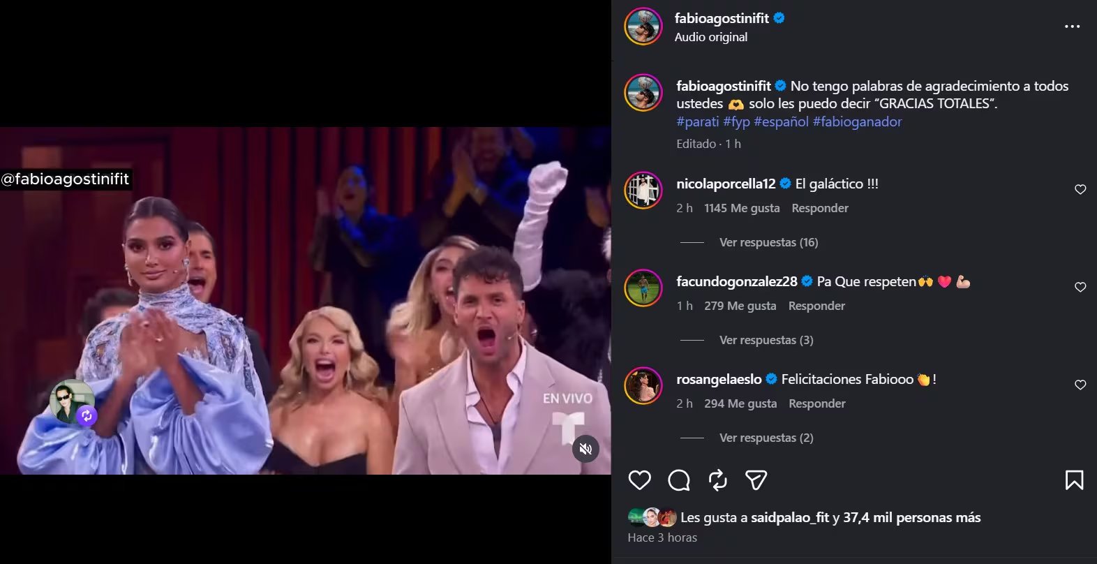Fabio Agostini conquista La Casa de los Famosos 6 y agradece el apoyo de peruanos y chilenos. Captura: IG Fabio Agostini.