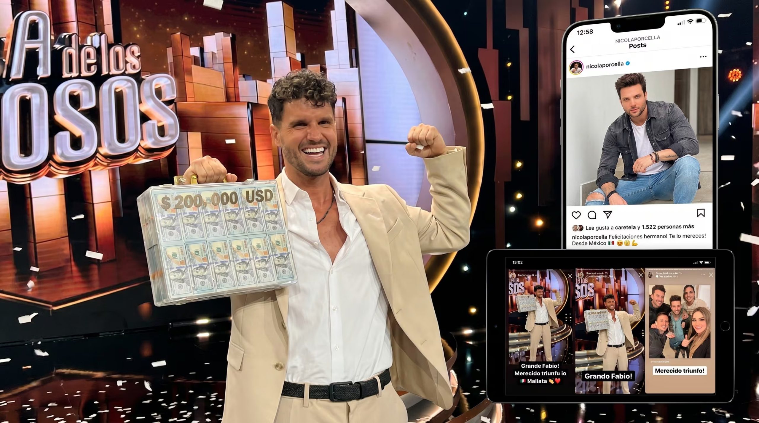 Fabio Agostini levanta un maletín con $200,000 USD tras ganar un reality show, mientras figuras como Nicola Porcella envían felicitaciones a través de redes sociales. (Imagen Ilustrativa Infobae)