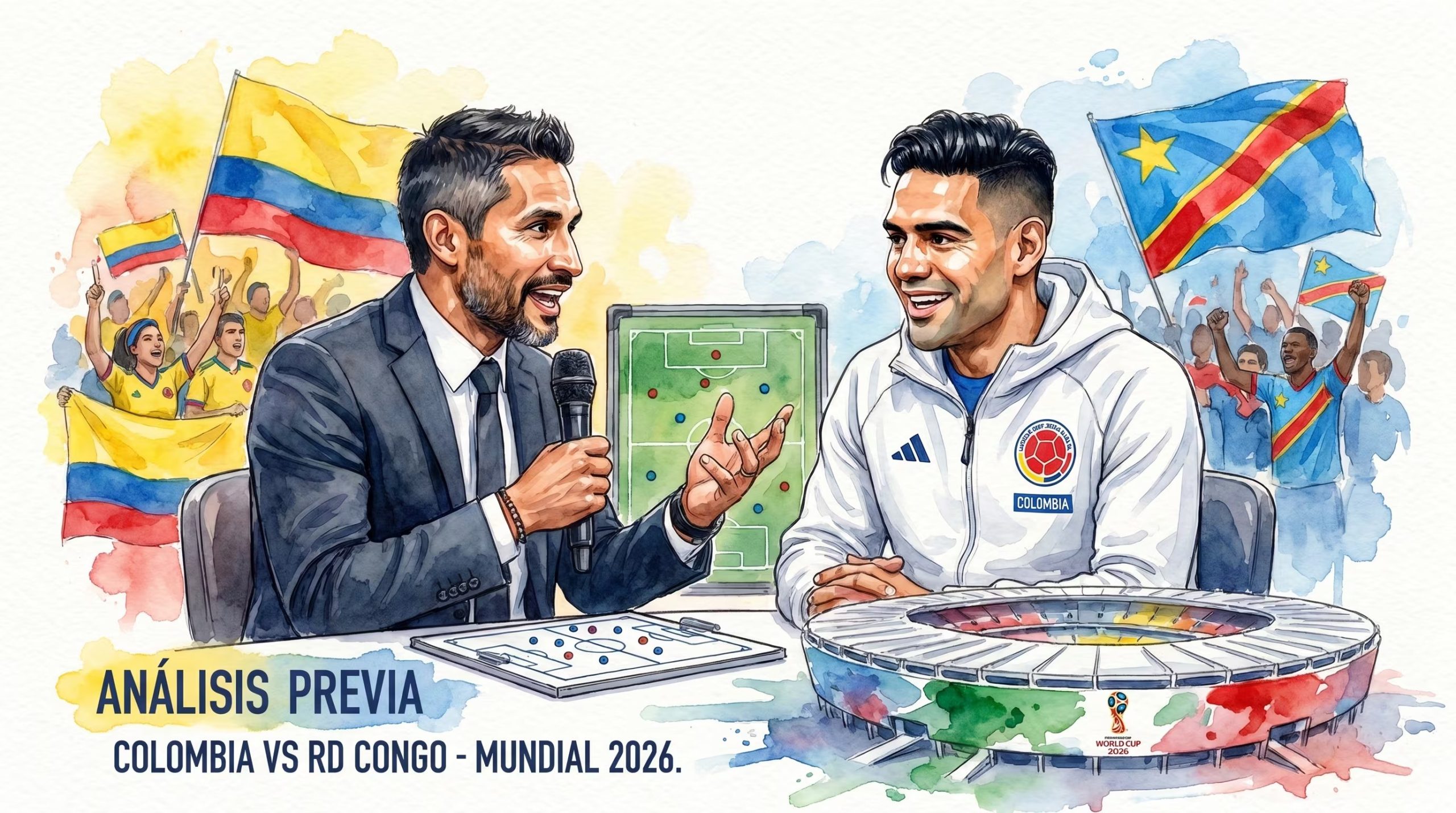 Mario Alberto Yepes y Falcao García dialogan sobre la previa del partido entre Colombia y la República Democrática del Congo para el Mundial 2026, con tableros tácticos y un estadio de fondo-crédito Imagen Ilustrativa Infobae