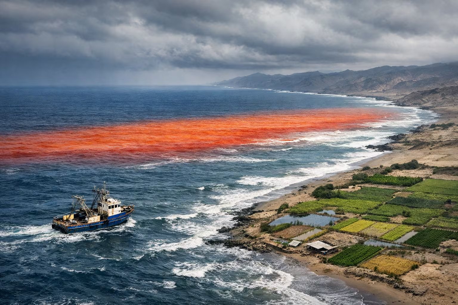 Vista aérea de la costa peruana con una franja roja que simboliza El Niño, mostrando un barco pesquero y campos agrícolas vulnerables ante el cambio climático y condiciones meteorológicas adversas (Imagen Ilustrativa Infobae)