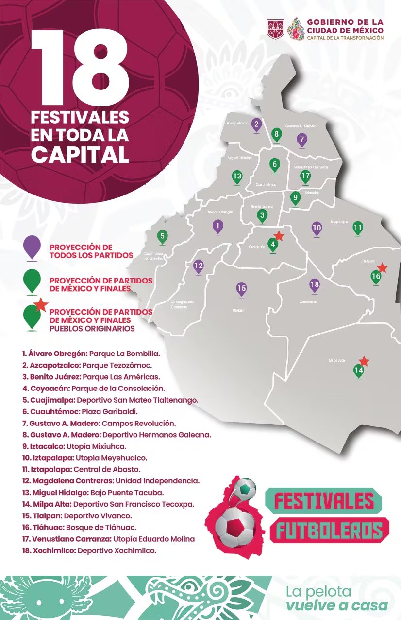 Se instalaron 18 Festivales Futboleros en las 16 alcaldías para transmitir gratis los partidos del Mundial 2026, con programación cultural y de entretenimiento hasta el 19 de julio. (@turismocdmx)