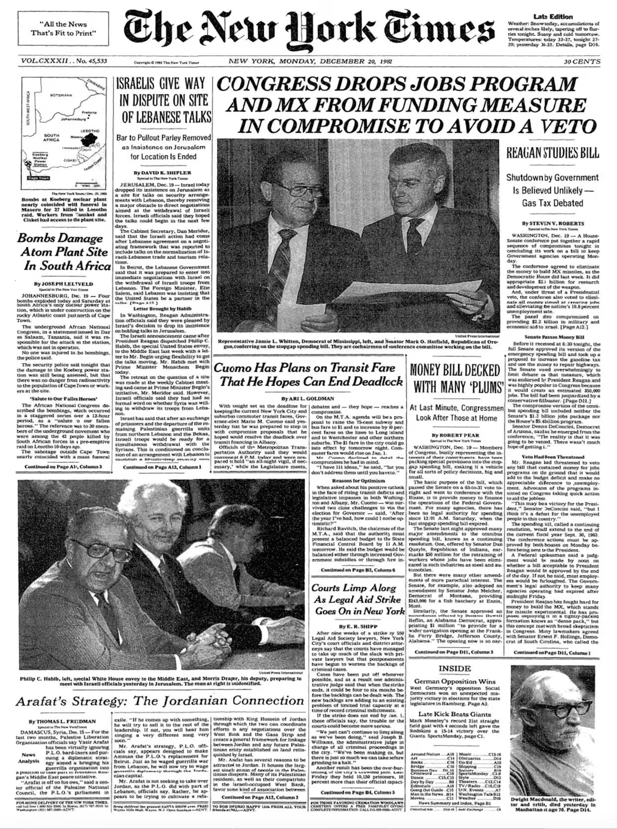 Un golpe milimétrico casi perfecto alteró el curso de la historia. Dónde se oculta hoy el responsable y cómo permanece invisible ante sus vecinos (Captura de pantalla del New York Times del 20 de diciembre de 1982. Fotografía: New York Times)