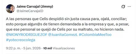 La salida definitiva de Celis se conoció en redes sociales la noche del 5 de junio de 2026 - crédito @JaimeCarvajalD/X