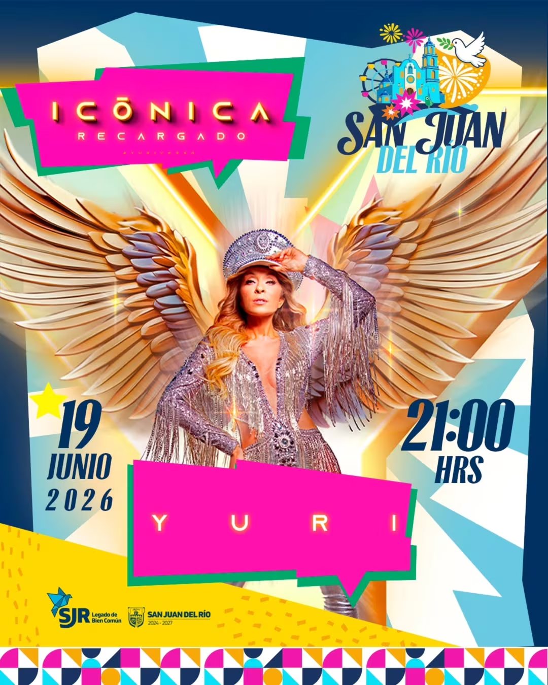 Un vibrante flyer promocional de eprintfast anuncia el concierto 'Icónica Recargado' de Yuri en San Juan del Río el 19 de junio de 2026 a las 21:00 hrs, mostrando su imagen central y detalles del evento. (Feria San Juan del Río 2026/Instagram)