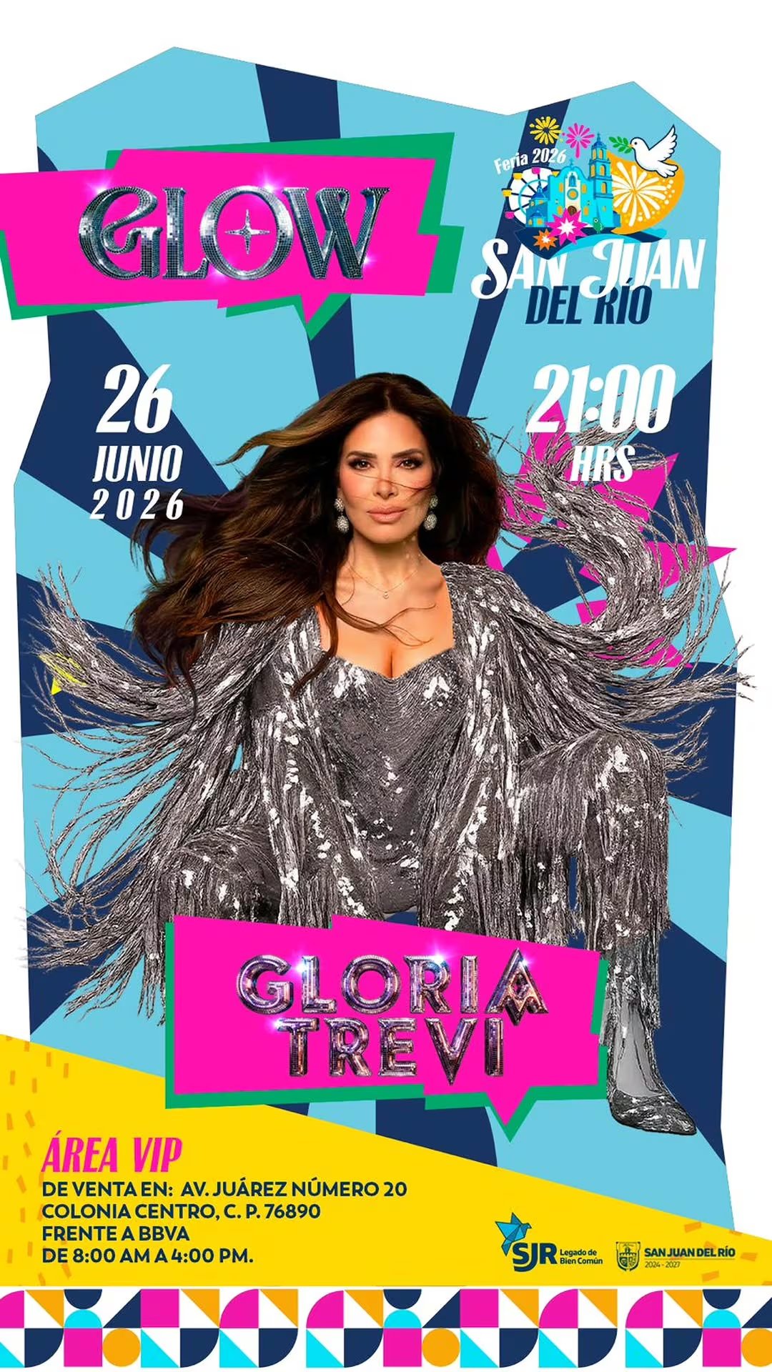 Un vibrante flyer promociona el concierto de Gloria Trevi en la Feria San Juan del Río 2026, destacando la fecha del 26 de junio y la información de venta de boletos VIP. (Feria San Juan del Río 2026/Instagram)