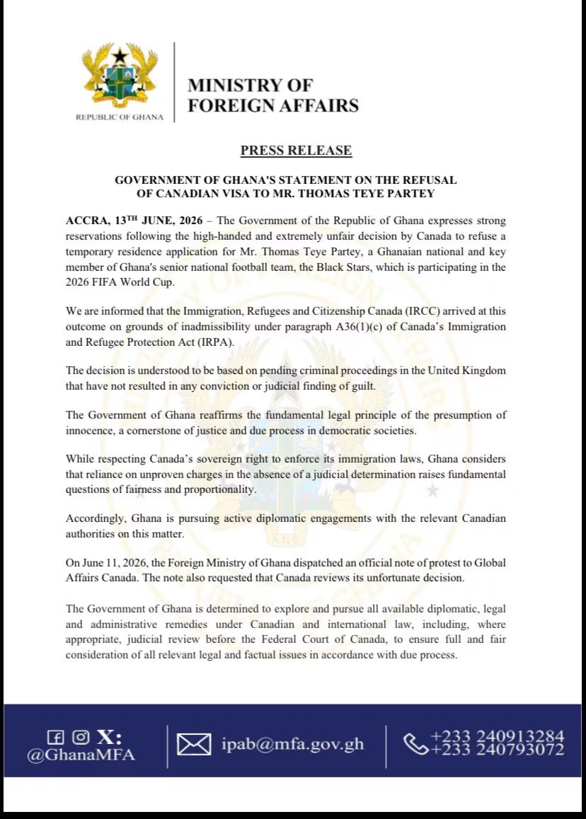 El gobierno de Ghana mantiene conversaciones con Canadá para revertir la negativa de visado a Thomas Partey antes del Mundial FIFA 2026-crédito @GhanaMFA/X