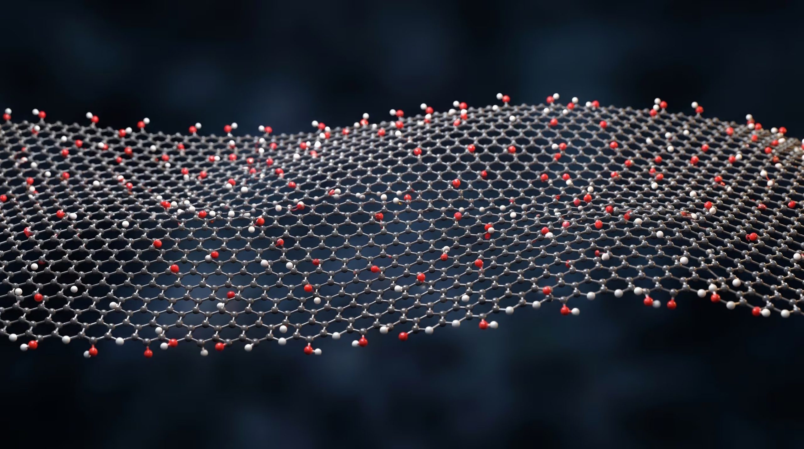 Ilustración conceptual 3D de una lámina ultrafina de óxido de grafeno, mostrando su red hexagonal de carbono con grupos hidroxilo adheridos, representando su alto nivel de oxidación. (Imagen Ilustrativa Infobae)