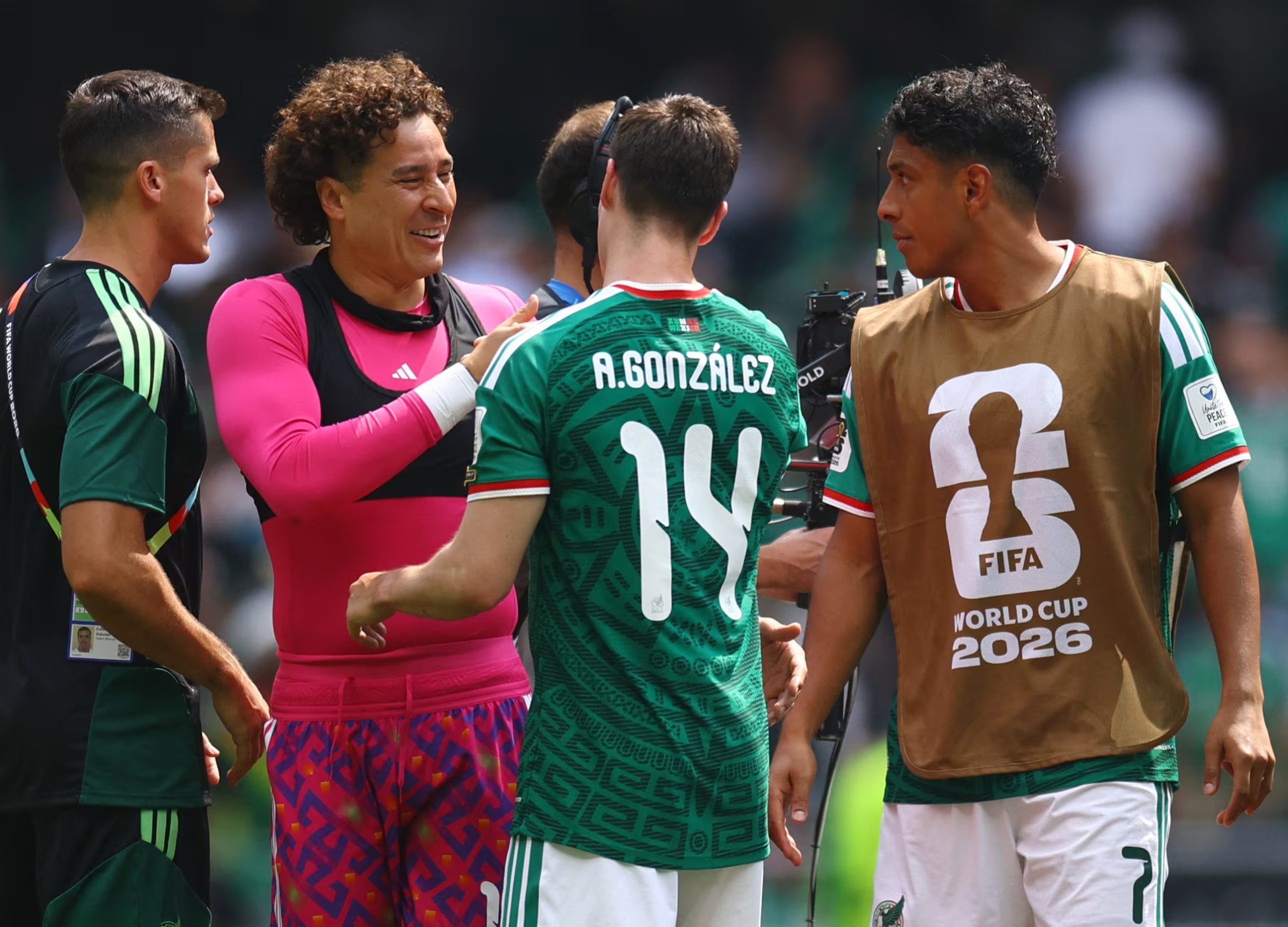 Soccer Football - FIFA World Cup 2026 - Group A - Mexico v South Africa - Estadio Azteca, Mexico City, Mexico - June 11, 2026 Mexico's Guillermo Ochoa, Armando Gonzalez and Luis Romo celebrate after the match REUTERS/Hannah Mckay