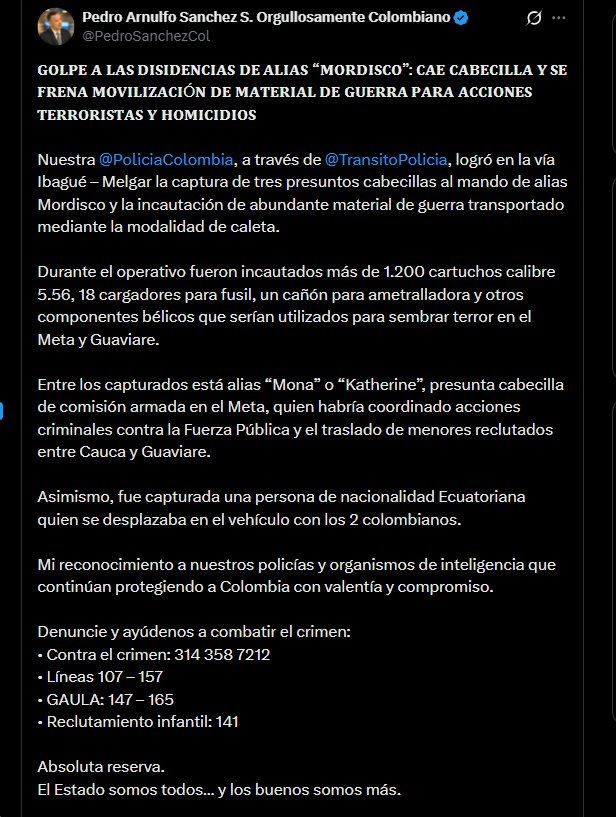 Pedro Sánchez destacó el impacto de la acción en la desarticulación de estructuras criminales armadas - crédito @PedroSanchezCol/X