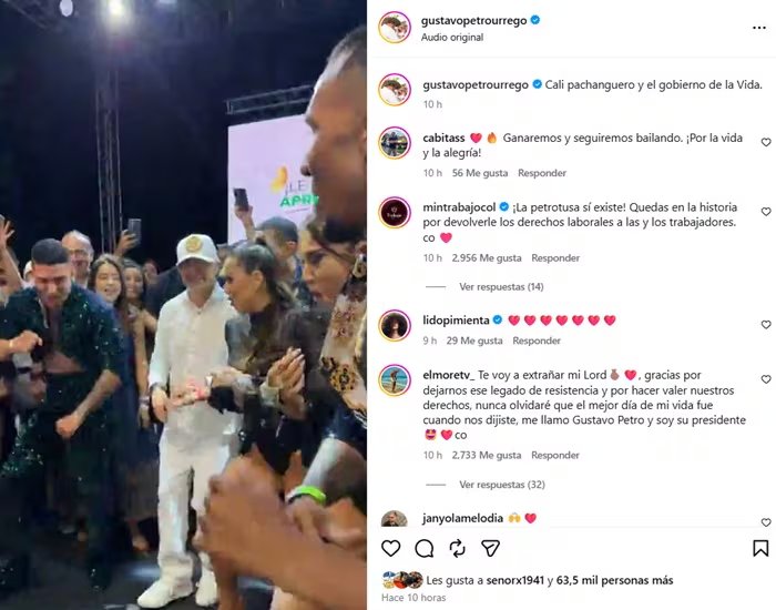 El jefe de Estado mostró sus pasos a la hora de bailar salsa al final del evento en Cali - crédito @gustavopetrourrego/IG