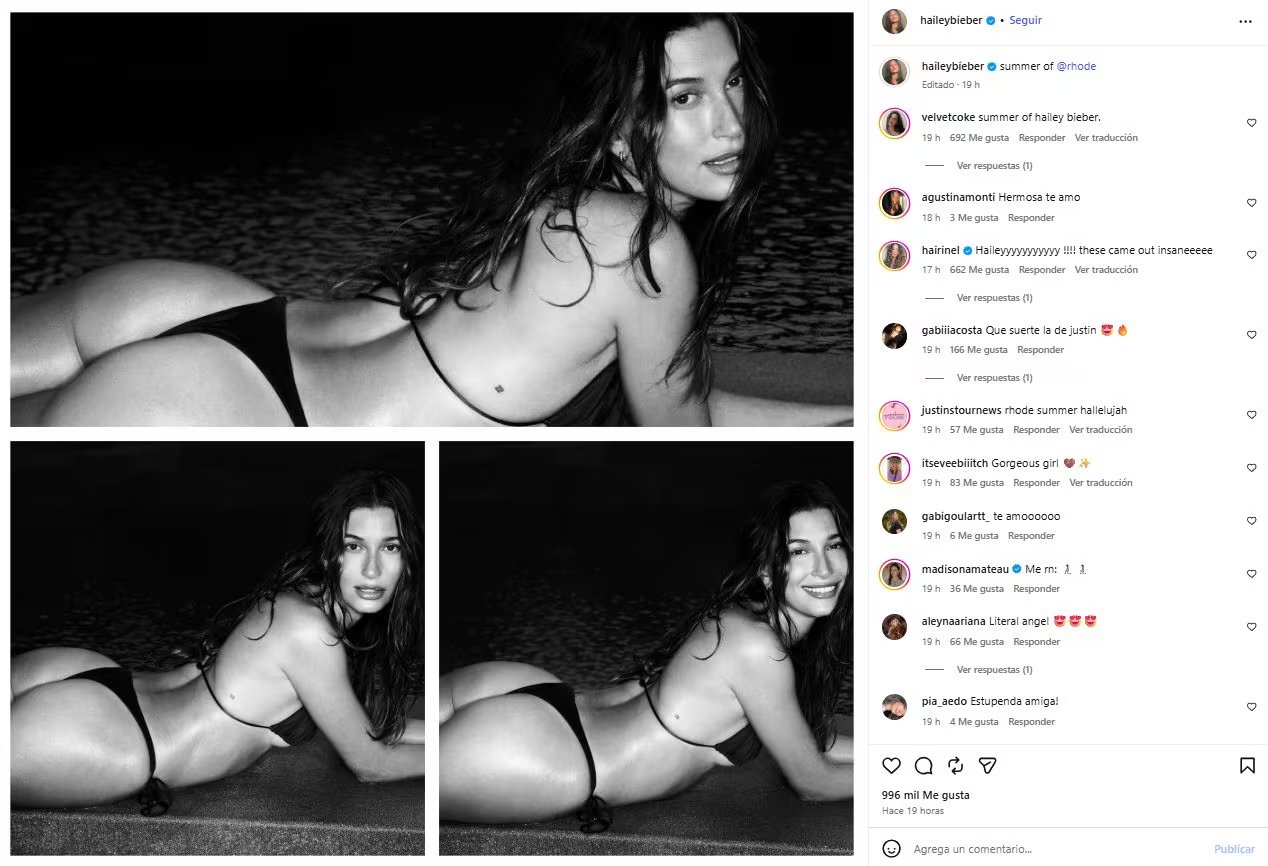 Las fotos en bikini de Hailey generaron numerosos comentarios humorísticos dirigidos a su esposo Justin Bieber en redes sociales (Instagram/@haileybieber)