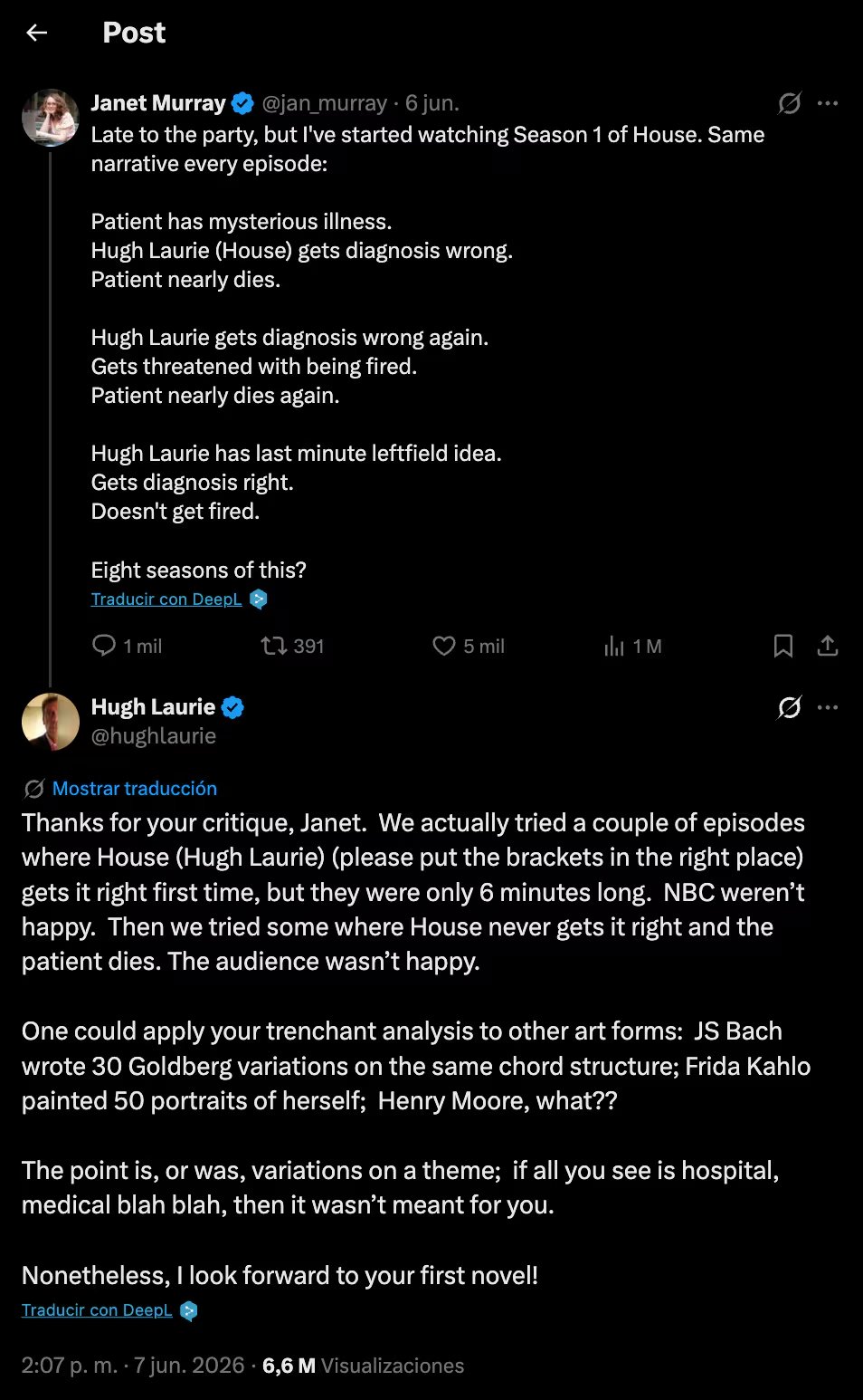 Hugh Laurie respondió a una periodista que aseguraba que 'Dr House' tenía una fórmula repetitiva que se sobreexplotó durante 8 temporadas