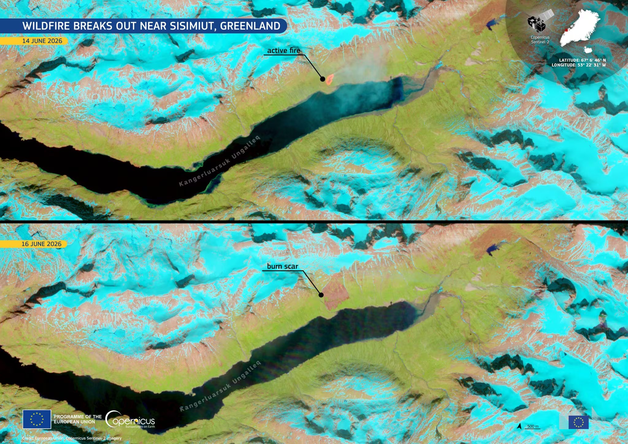 En 2026 los incendios comenzaron en junio, antes de lo habitual, y la zona occidental de Groenlandia experimentó semanas de sol y pocas lluvias (@CopernicusEU)