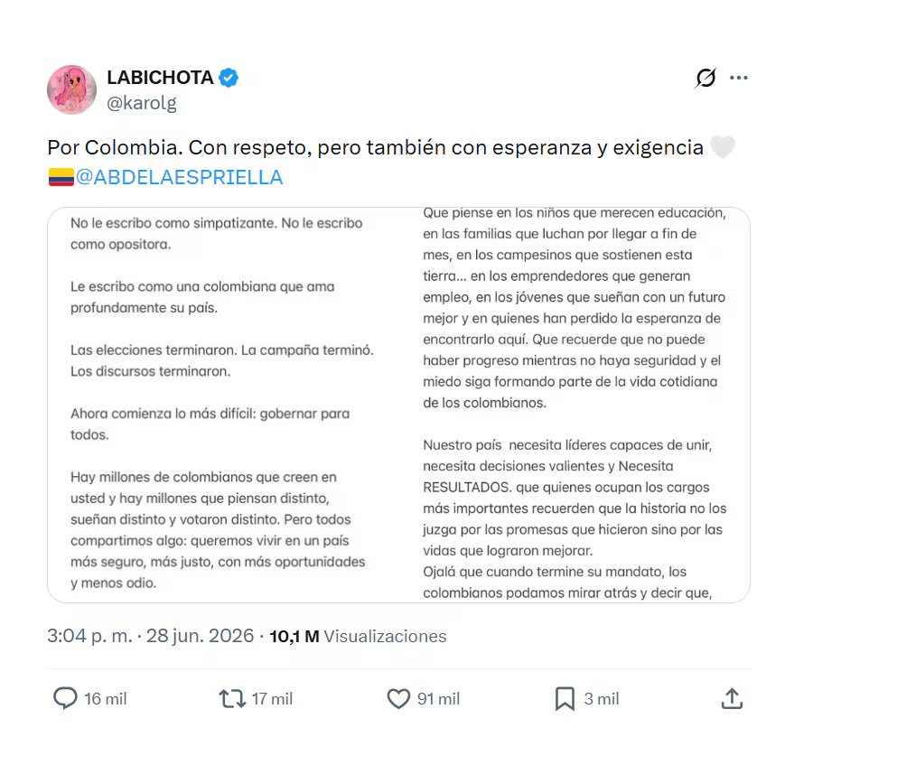 Esta fue la invitación de la artista Karol G al presidente electo Abelardo de la Espriella, al que le pidió tener en cuenta a todos los colombianos - crédito @KarolG/X