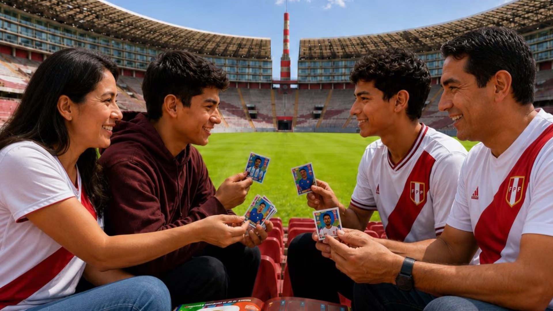 Una familia sonríe y comparte figuritas del Mundial 2026 en las gradas del Estadio Nacional, participando en un evento de intercambio de cromos deportivos. (Foto: X / IPD)