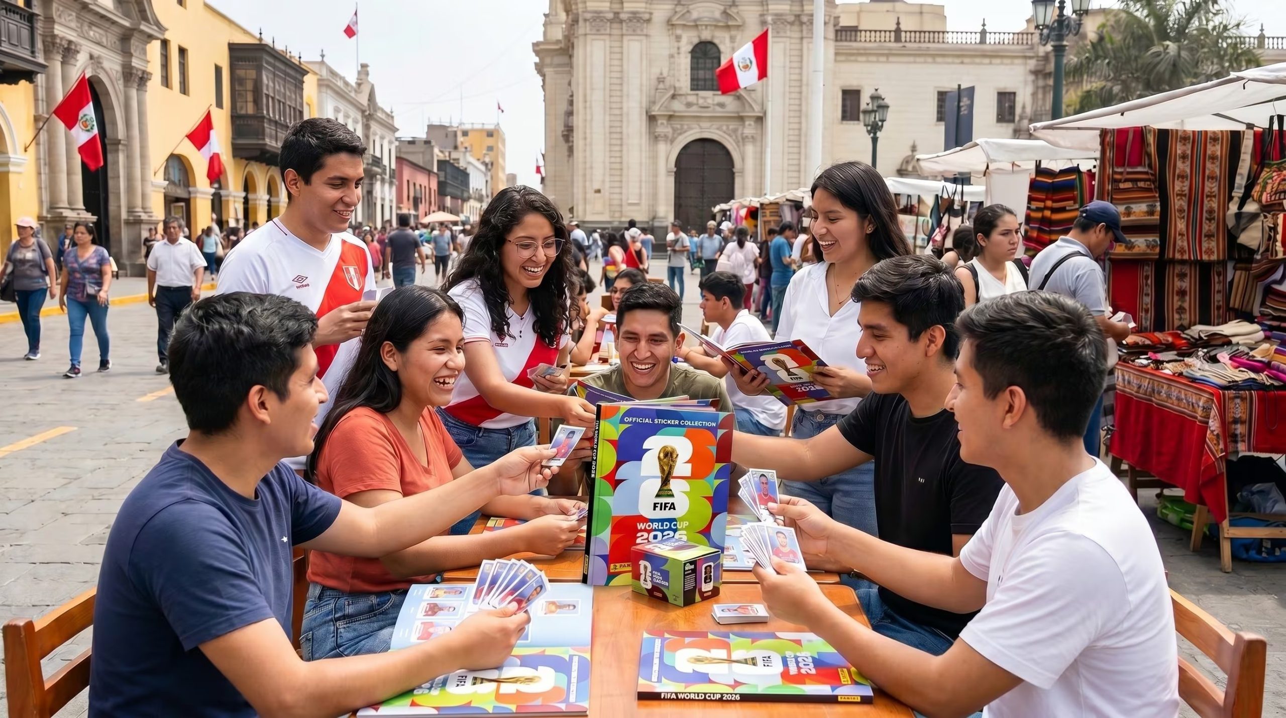 Un grupo de jóvenes peruanos sonríe y comparte stickers del álbum oficial de la Copa Mundial de la FIFA 2026 en una plaza histórica de Lima, reflejando la emoción y el espíritu coleccionista antes del torneo. (Imagen Ilustrativa Infobae)