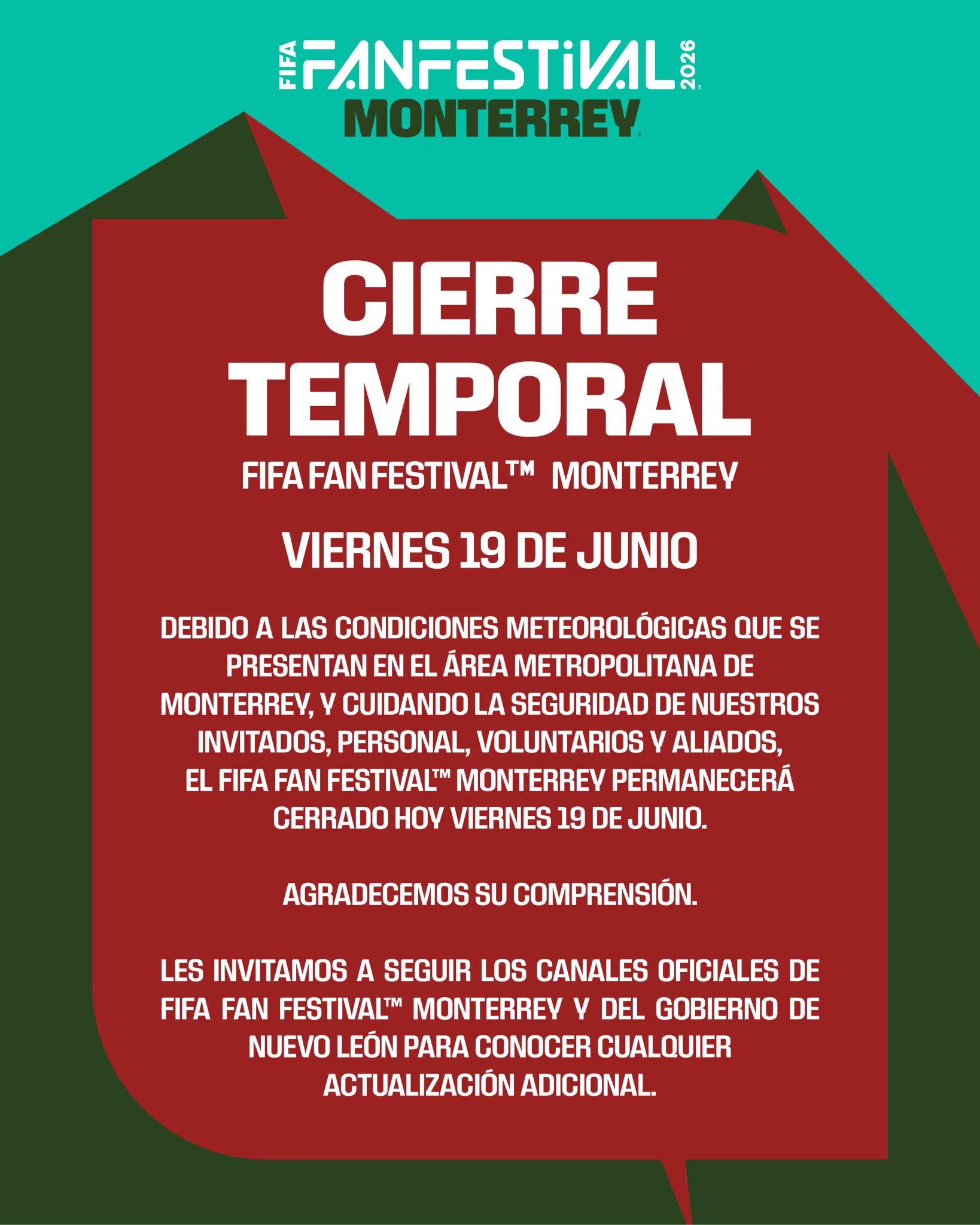 Clima adverso en Monterrey suspende las actividades en el Fan Fest de este viernes (X / FIFA World Cup 26™ Monterrey)